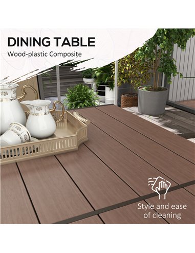 Outsunny 7 Pieces Garden Dining Set with Wood-plastic Composite Dining Table, Outdoor Table and 6 Stackable Armchairs with Texte
