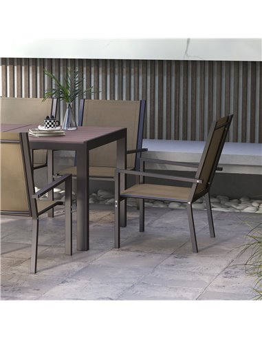 Outsunny 7 Pieces Garden Dining Set with Wood-plastic Composite Dining Table, Outdoor Table and 6 Stackable Armchairs with Texte