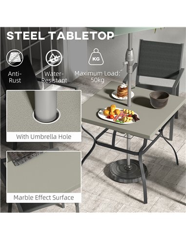 Outsunny Dia. 80cm Square Garden Dining Table with Umbrella Hole, Outdoor Dining Table with Marble Effect Top for 4 People, Blac