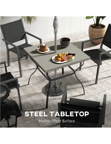 Outsunny Dia. 80cm Square Garden Dining Table with Umbrella Hole, Outdoor Dining Table with Marble Effect Top for 4 People, Blac