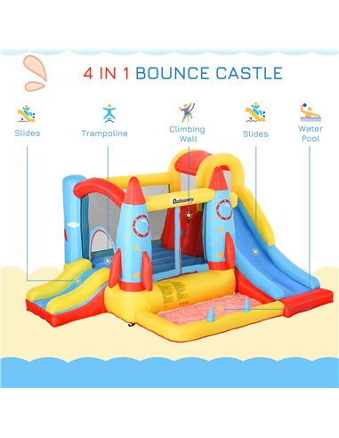 Outsunny Kids Bounce Castle House Inflatable Trampoline Slide Water Pool 3 in 1 with Blower for Kids Age 3-10 Rocket Design 3.3 