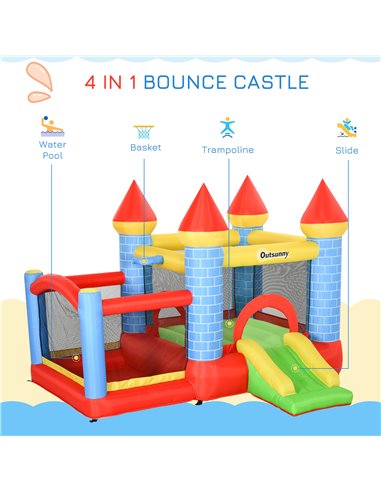 Outsunny Kids Bounce Castle House Inflatable Trampoline Slide Water Pool Basket 4 in 1 with Inflator for Kids Age 3-10 Castle De
