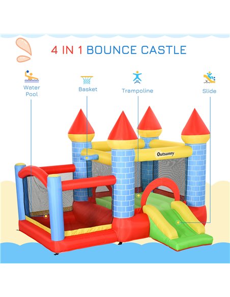 Outsunny Kids Bounce Castle House Inflatable Trampoline Slide Water Pool Basket 4 in 1 with Inflator for Kids Age 3-10 Castle De - pic 5976 | FastDaddyshop