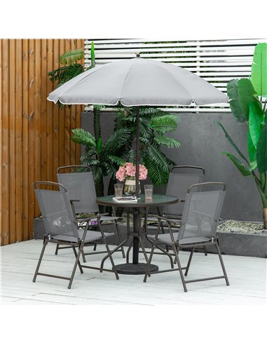 Outsunny 6 Piece Patio Dining Set with Umbrella, 4 Folding Dining Chairs & Round Tempered Glass Table for Garden, Backyard and P