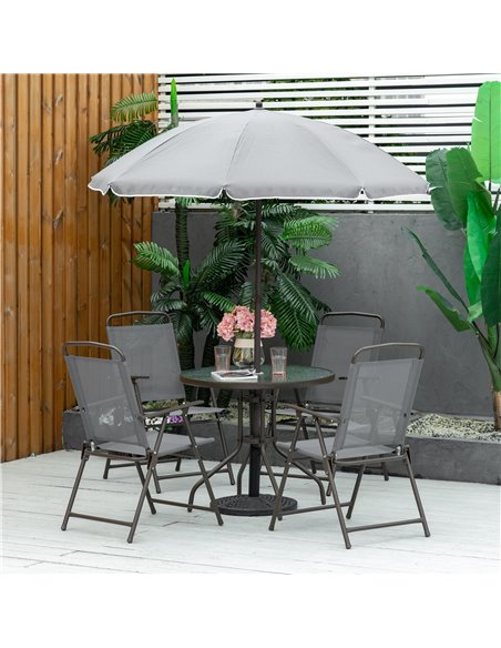 Outsunny 6 Piece Patio Dining Set with Umbrella, 4 Folding Dining Chairs & Round Tempered Glass Table for Garden, Backyard and P - pic 59822 | FastDaddyshop