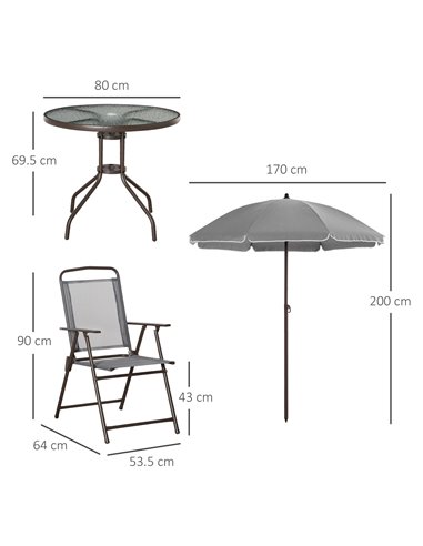 Outsunny 6 Piece Patio Dining Set with Umbrella, 4 Folding Dining Chairs & Round Tempered Glass Table for Garden, Backyard and P