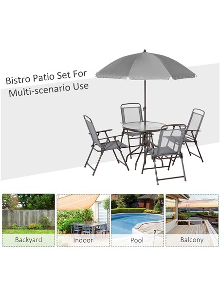 Outsunny 6 Piece Patio Dining Set with Umbrella, 4 Folding Dining Chairs & Round Tempered Glass Table for Garden, Backyard and P - pic 59827 | FastDaddyshop