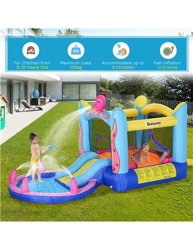 Outsunny Kids Bounce Castle House Inflatable Trampoline Slide Water Pool 3 in 1 with Inflator for Kids Age 3-12 Octopus Design 3