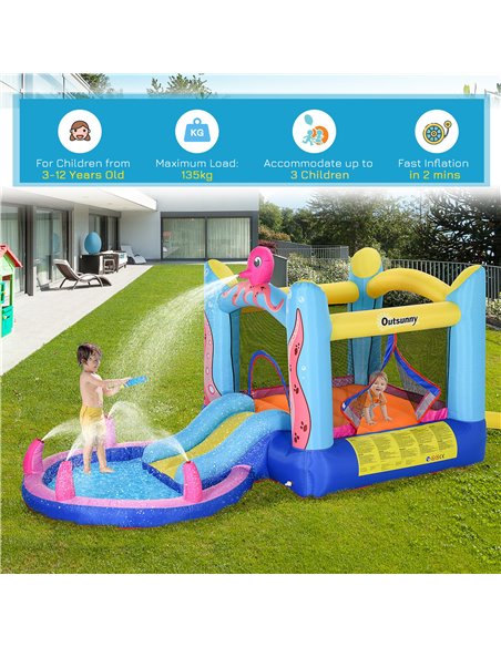 Outsunny Kids Bounce Castle House Inflatable Trampoline Slide Water Pool 3 in 1 with Inflator for Kids Age 3-12 Octopus Design 3 - pic 5984 | FastDaddyshop