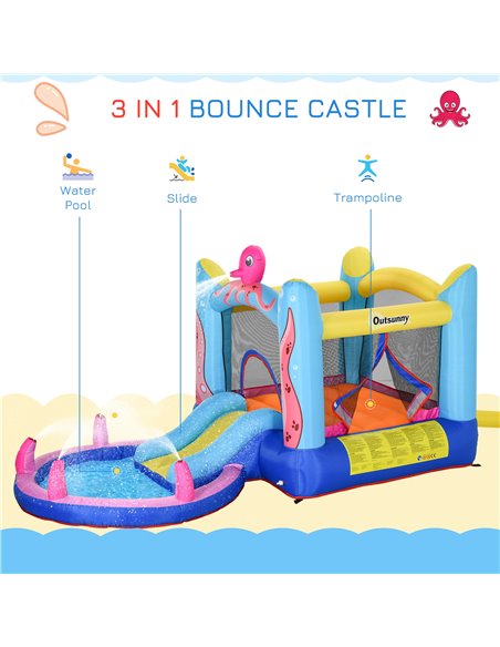 Outsunny Kids Bounce Castle House Inflatable Trampoline Slide Water Pool 3 in 1 with Inflator for Kids Age 3-12 Octopus Design 3 - pic 5985 | FastDaddyshop
