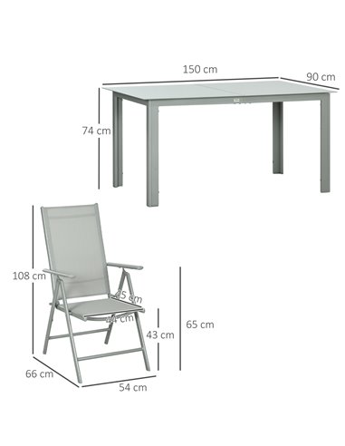 Outsunny 7 Piece Garden Dining Set, Outdoor Table and 6 Folding and Reclining Chairs, Aluminium Frame, Tempered Glass Top Table,
