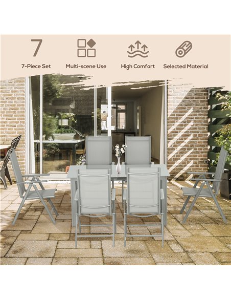 Outsunny 7 Piece Garden Dining Set, Outdoor Table and 6 Folding and Reclining Chairs, Aluminium Frame, Tempered Glass Top Table, - pic 59860 | FastDaddyshop