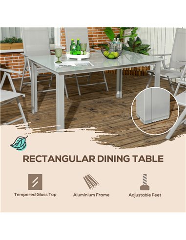Outsunny 7 Piece Garden Dining Set, Outdoor Table and 6 Folding and Reclining Chairs, Aluminium Frame, Tempered Glass Top Table,