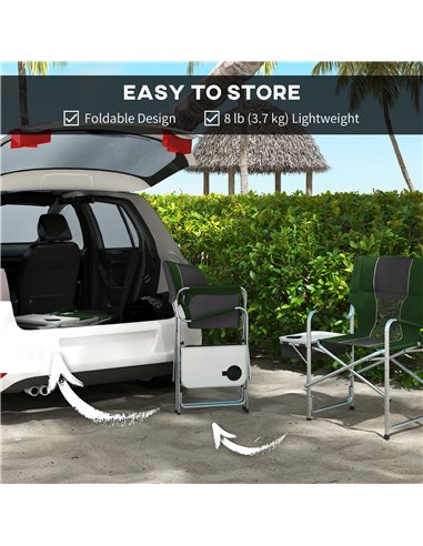 Outsunny Folding Directors Chair in Aluminium, Green, with Side Table, Cup Holder, Cooler Bag and Storage Pocket for Camping A20
