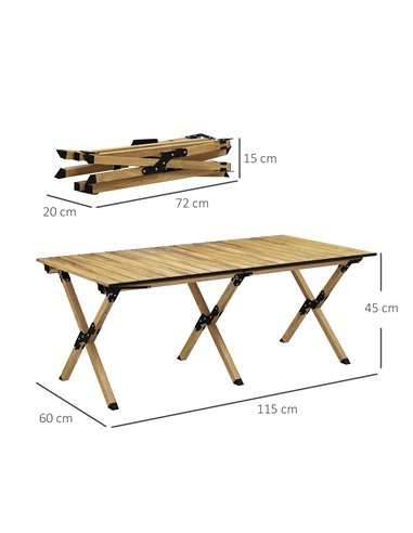 Outsunny Folding Camping Table, Portable Aluminium Picnic Table with Roll-Up Top, for Indoor, Outdoor, Party, BBQ, Natural Wood 