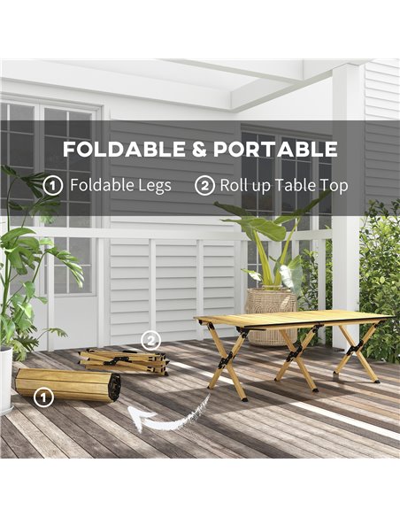 Outsunny Folding Camping Table, Portable Aluminium Picnic Table with Roll-Up Top, for Indoor, Outdoor, Party, BBQ, Natural Wood  - pic 59932 | FastDaddyshop