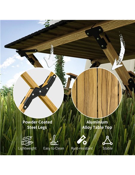 Outsunny Folding Camping Table, Portable Aluminium Picnic Table with Roll-Up Top, for Indoor, Outdoor, Party, BBQ, Natural Wood  - pic 59934 | FastDaddyshop