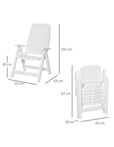 Outsunny Folding Dining Chairs, Set of 2 Plastic Reclining Armchairs with 4-Position Backrest for Indoor & Outdoor, White 84B-71