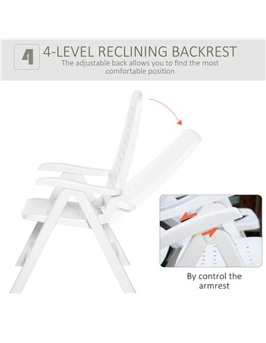 Outsunny Folding Dining Chairs, Set of 2 Plastic Reclining Armchairs with 4-Position Backrest for Indoor & Outdoor, White 84B-71