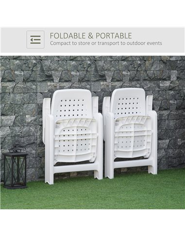 Outsunny Folding Dining Chairs, Set of 2 Plastic Reclining Armchairs with 4-Position Backrest for Indoor & Outdoor, White 84B-71