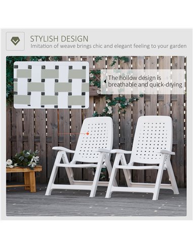 Outsunny Folding Dining Chairs, Set of 2 Plastic Reclining Armchairs with 4-Position Backrest for Indoor & Outdoor, White 84B-71