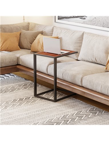 HOMCOM C-Shaped Sofa End Table, Metal Frame Accent Couch Table for Living Room, Bedroom, Walnut and Black 833-194