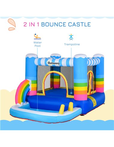 Outsunny Kids Bouncy Castle House Inflatable Trampoline Water Pool 2 in 1 with Blower for Kids Age 3-12 Rainbow Design 2.9 x 2 x