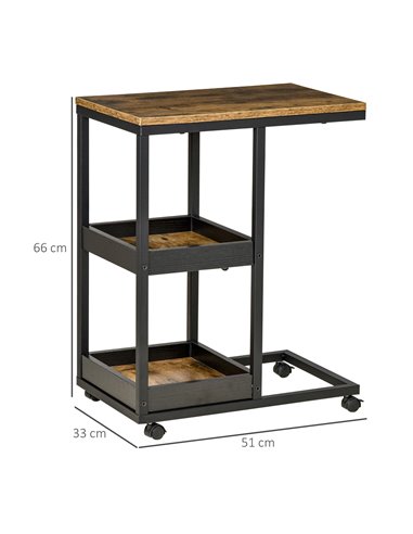 HOMCOM C-Shaped Sofa Side Table, Mobile Rolling Couch Table with 3-Tier Storage, Lockable Wheels, Steel Frame, Brown 839-288