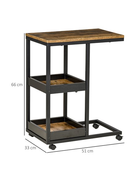 HOMCOM C-Shaped Sofa Side Table, Mobile Rolling Couch Table with 3-Tier Storage, Lockable Wheels, Steel Frame, Brown 839-288 - pic 60269 | FastDaddyshop
