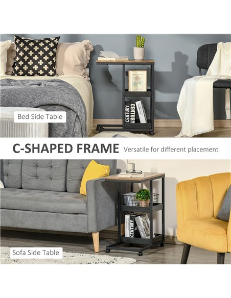 HOMCOM C-Shaped Sofa Side Table, Mobile Rolling Couch Table with 3-Tier Storage, Lockable Wheels, Steel Frame, Brown 839-288 - pic 60270 | FastDaddyshop