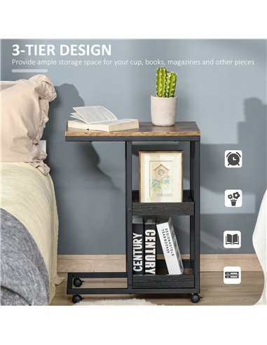 HOMCOM C-Shaped Sofa Side Table, Mobile Rolling Couch Table with 3-Tier Storage, Lockable Wheels, Steel Frame, Brown 839-288