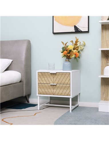HOMCOM Modern Bedside Table with 2 Drawers and Metal Frame, Sofa Side Table for Bedroom Living Room, White and Oak 831-480
