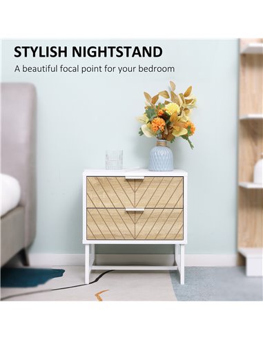 HOMCOM Modern Bedside Table with 2 Drawers and Metal Frame, Sofa Side Table for Bedroom Living Room, White and Oak 831-480