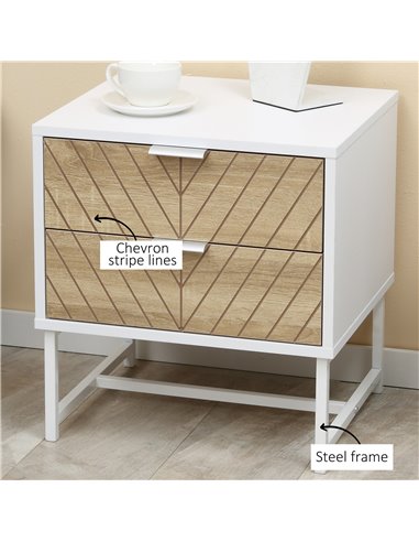 HOMCOM Modern Bedside Table with 2 Drawers and Metal Frame, Sofa Side Table for Bedroom Living Room, White and Oak 831-480