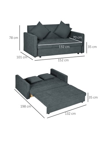 HOMCOM 2 Seater Sofa Bed, Convertible Bed Settee, Modern Fabric Loveseat Sofa Couch w/ 2 Cushions, Hidden Storage for Guest Room