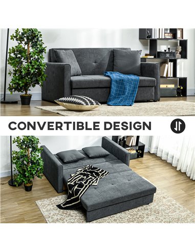 HOMCOM 2 Seater Sofa Bed, Convertible Bed Settee, Modern Fabric Loveseat Sofa Couch w/ 2 Cushions, Hidden Storage for Guest Room