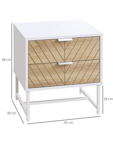 HOMCOM Modern Bedside Table Set of 2, with 2 Drawers and Metal Frame, Sofa Side Table, White and Oak 831-P069