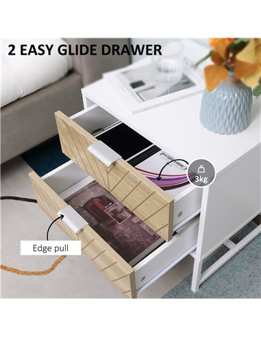 HOMCOM Modern Bedside Table Set of 2, with 2 Drawers and Metal Frame, Sofa Side Table, White and Oak 831-P069