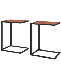 HOMCOM C-Shaped Sofa End Table Set of 2, Metal Frame Accent Couch Table for Living Room, Bedroom, Walnut and Black 838-P018