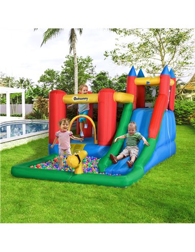 Outsunny Kids Inflatable Bouncy Castle Water Slide 6 in 1 Bounce House Jumping Castle Water Pool Gun Climbing Wall Basket for Su