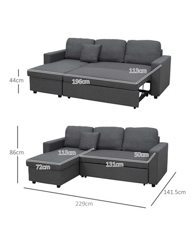 HOMCOM Corner Sofa Bed with Storage, 3 Seater Pull Out Sofa Bed, Convertible L Shape Sofa Couch with Reversible Chaise Lounge fo