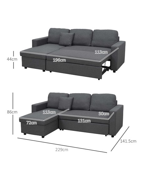 HOMCOM Corner Sofa Bed with Storage, 3 Seater Pull Out Sofa Bed, Convertible L Shape Sofa Couch with Reversible Chaise Lounge fo - pic 60548 | FastDaddyshop