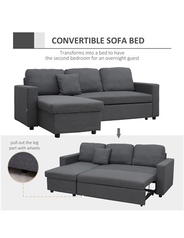 HOMCOM Corner Sofa Bed with Storage, 3 Seater Pull Out Sofa Bed, Convertible L Shape Sofa Couch with Reversible Chaise Lounge fo