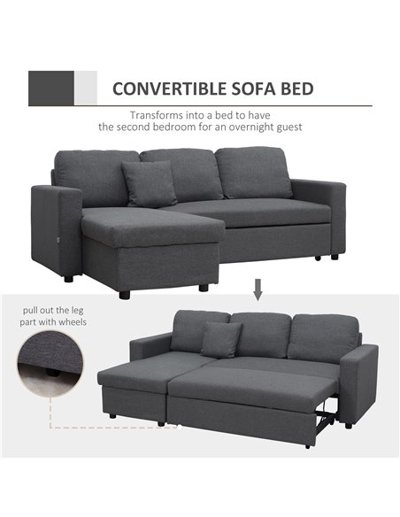 HOMCOM Corner Sofa Bed with Storage, 3 Seater Pull Out Sofa Bed, Convertible L Shape Sofa Couch with Reversible Chaise Lounge fo - pic 60549 | FastDaddyshop