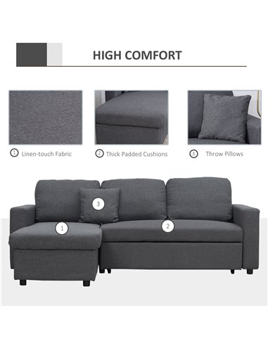 HOMCOM Corner Sofa Bed with Storage, 3 Seater Pull Out Sofa Bed, Convertible L Shape Sofa Couch with Reversible Chaise Lounge fo