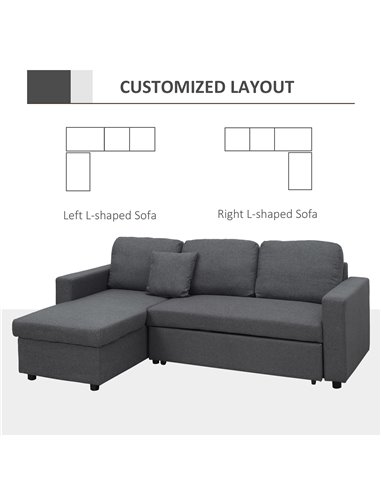 HOMCOM Corner Sofa Bed with Storage, 3 Seater Pull Out Sofa Bed, Convertible L Shape Sofa Couch with Reversible Chaise Lounge fo