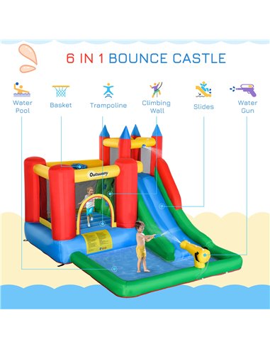 Outsunny Kids Inflatable Bouncy Castle Water Slide 6 in 1 Bounce House Jumping Castle Water Pool Gun Climbing Wall Basket for Su
