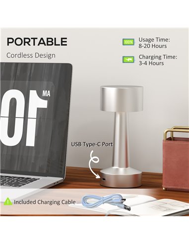 HOMCOM Cordless Table Lamp, Touch LED Desk Lamp with Rechargeable Battery, 3 Colour, for Bedroom Living Room, Silver B31-458V00S