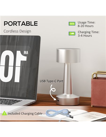 HOMCOM Cordless Table Lamp, Touch LED Desk Lamp with Rechargeable Battery, 3 Colour, for Bedroom Living Room, Silver B31-458V00S - pic 60567 | FastDaddyshop