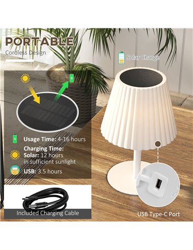 Outsunny Outdoor Solar Table Lamp, Cordless LED Desk Lamp with Rechargeable Battery, Dimming Brightness, USB, Auto On/Off B31-47